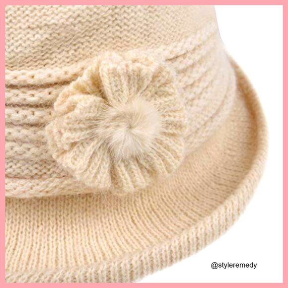 Wool Knit Cloche Hat with Side Flower Design, Stretchy Fit main image 2